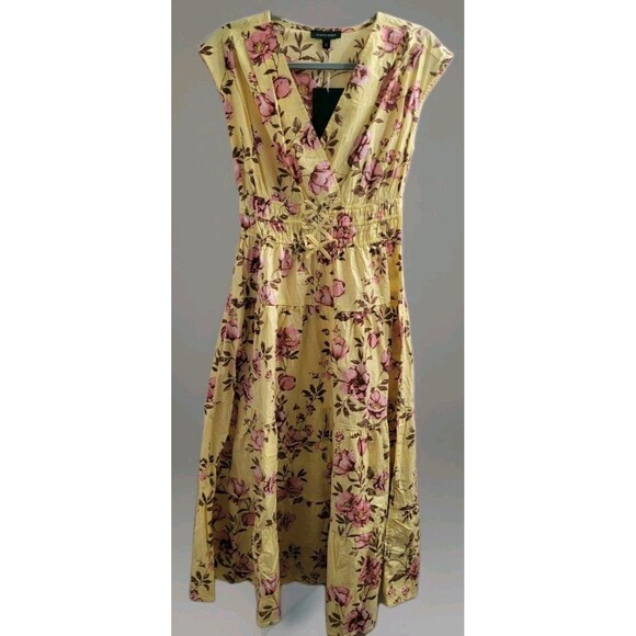 Meadow Rhodes Sz Small Yellow Pink Floral Midi Dress Smock Waist Detailing NEW - Picture 1 of 6